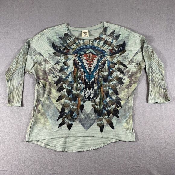 Vocal Shirt Womens XL Green 3/4 Sleeve Tunic Knit Steer Skull Southwestern Print - Picture 1 of 10